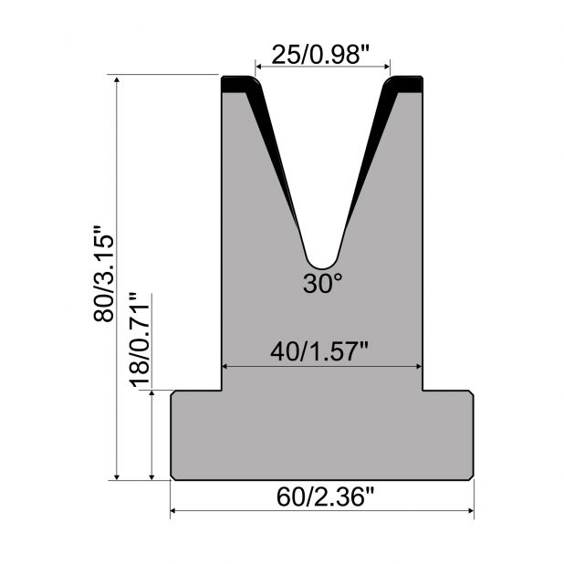 T-Matrijs R1 Eurostyle type met hoogte=80mm, α=30°, Radius=3mm, Gereedschapsstaal=C45, Max. capaciteit=500kN