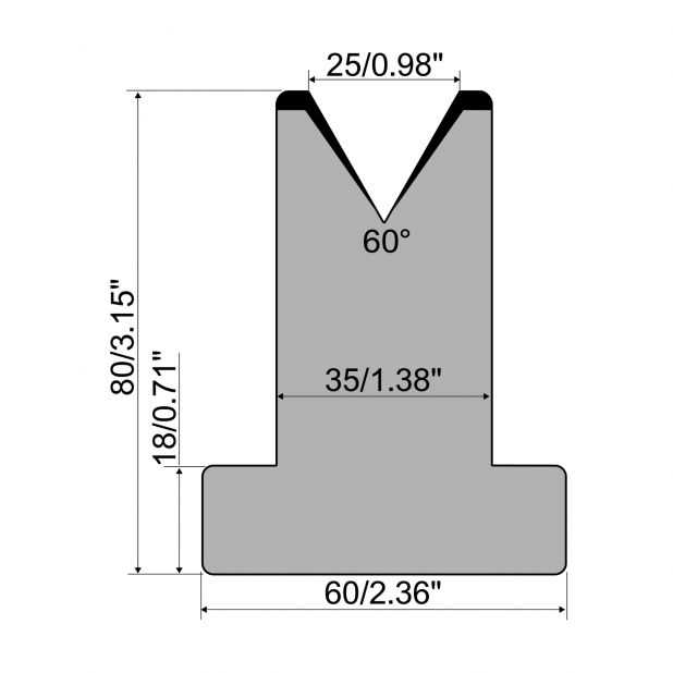 T-Matrijs R1 Eurostyle type met hoogte=80mm, α=60°, Radius=3mm, Gereedschapsstaal=C45, Max. capaciteit=600kN