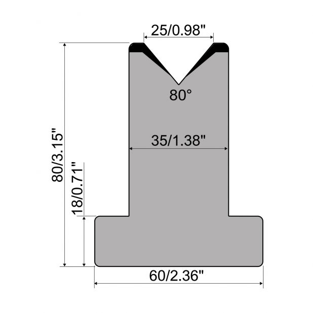 T-Matrijs R1 Eurostyle type met hoogte=80mm, α=80°, Radius=3mm, Gereedschapsstaal=C45, Max. capaciteit=950kN