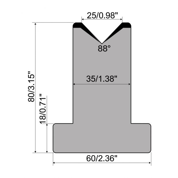 T-Matrijs R1 Eurostyle type met hoogte=80mm, α=88°, Radius=3mm, Gereedschapsstaal=C45, Max. capaciteit=1000k