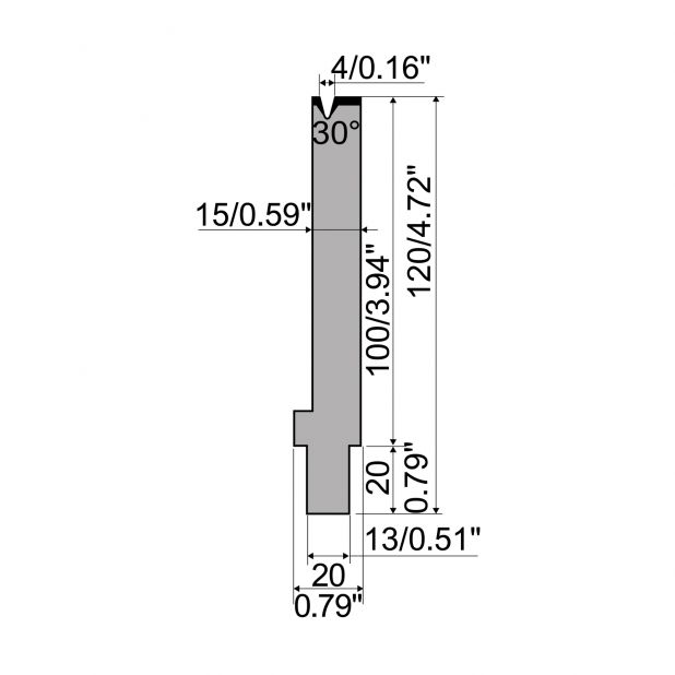 Matrijs R2 type met werkhoogte=100mm, α=30°, Radius=0,6mm, Gereedschapsstaal=42Cr, Max. capaciteit=150kN/m.