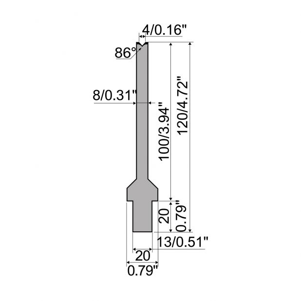 Matrijs R2 type met werkhoogte=100mm, α=86°, Radius=0,6mm, Gereedschapsstaal=42Cr, Max. capaciteit=250kN/m.