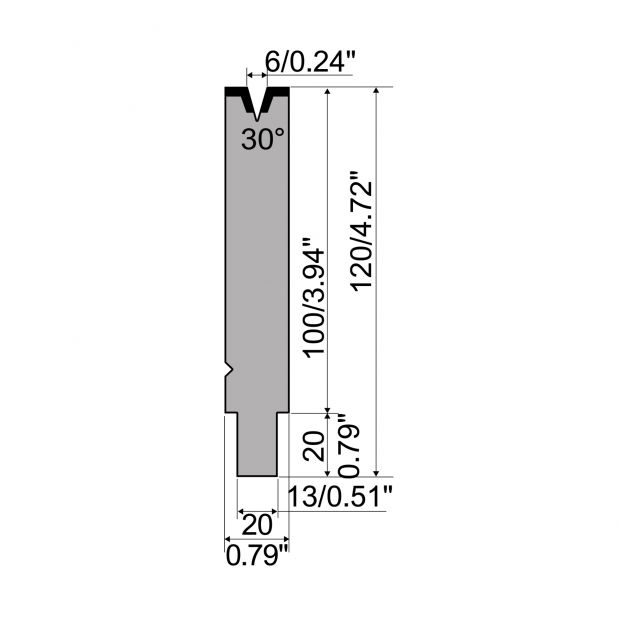 Matrijs R2 type met werkhoogte=100mm, α=30°, Radius=0,6mm, Gereedschapsstaal=42Cr, Max. capaciteit=400kN/m.