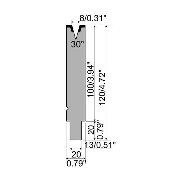 Matrijs R2 type met werkhoogte=100mm, α=30°, Radius=1mm, Gereedschapsstaal=42Cr, Max. capaciteit=400kN/m.