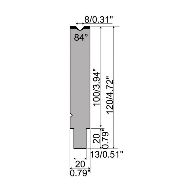 Matrijs R2 type met werkhoogte=100mm, α=84°, Radius=0,8mm, Gereedschapsstaal=42Cr, Max. capaciteit=1150kN/m.