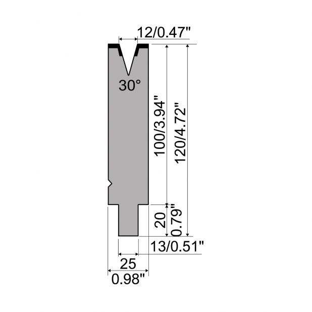 Matrijs R2 type met werkhoogte=100mm, α=30°, Radius=1mm, Gereedschapsstaal=42Cr, Max. capaciteit=400kN/m.