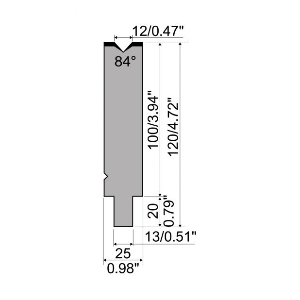 Matrijs R2 type met werkhoogte=100mm, α=84°, Radius=1mm, Gereedschapsstaal=42Cr, Max. capaciteit=1200kN/m.