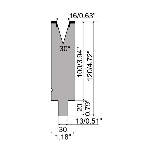 Matrijs R2 type met werkhoogte=100mm, α=30°, Radius=1,6mm, Gereedschapsstaal=42Cr, Max. capaciteit=500kN/m.