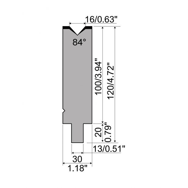 Matrijs R2 type met werkhoogte=100mm, α=84°, Radius=1,6mm, Gereedschapsstaal=42Cr, Max. capaciteit=1200kN/m.
