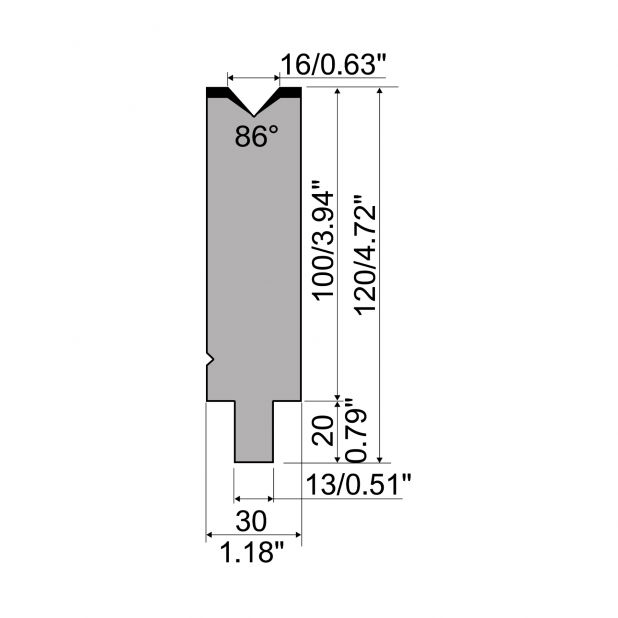 Matrijs R2 type met werkhoogte=100mm, α=86°, Radius=1,6mm, Gereedschapsstaal=42Cr, Max. capaciteit=1200kN/m.