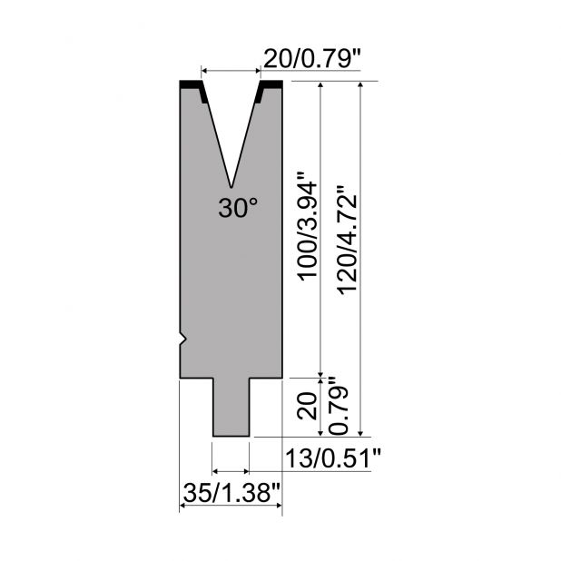 Matrijs R2 type met werkhoogte=100mm, α=30°, Radius=2mm, Gereedschapsstaal=42Cr, Max. capaciteit=600kN/m.