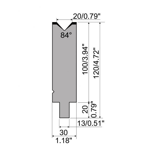 Matrijs R2 type met werkhoogte=100mm, α=84°, Radius=2mm, Gereedschapsstaal=42Cr, Max. capaciteit=1150kN/m.