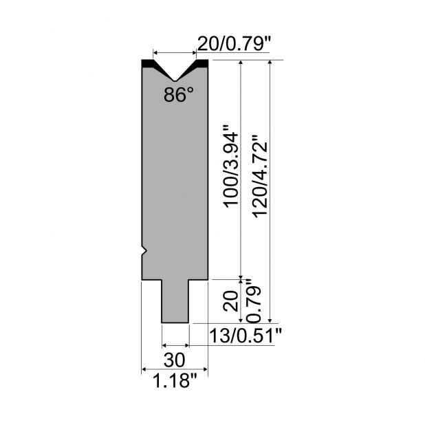 Matrijs R2 type met werkhoogte=100mm, α=86°, Radius=2mm, Gereedschapsstaal=42Cr, Max. capaciteit=1150kN/m.