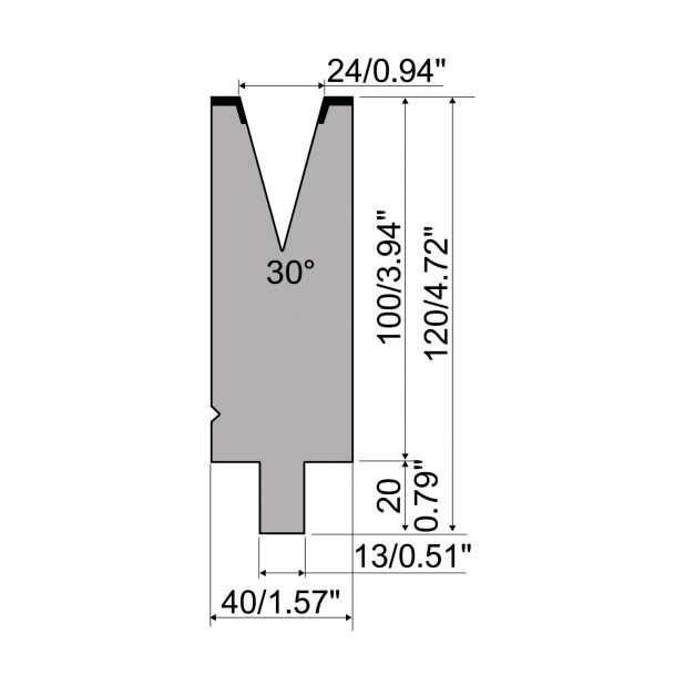 Matrijs R2 type met werkhoogte=100mm, α=30°, Radius=2,5mm, Gereedschapsstaal=42Cr, Max. capaciteit=650kN/m.