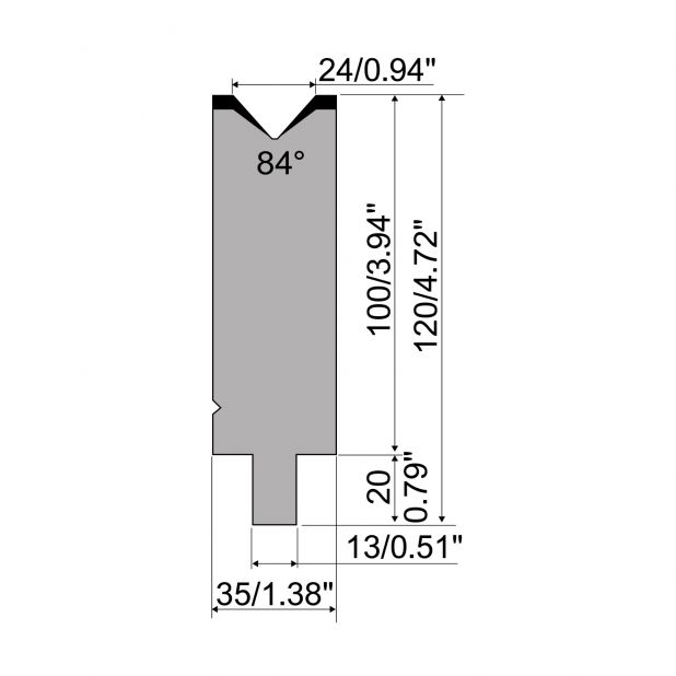 Matrijs R2 type met werkhoogte=100mm, α=84°, Radius=2,5mm, Gereedschapsstaal=42Cr, Max. capaciteit=1200kN/m.