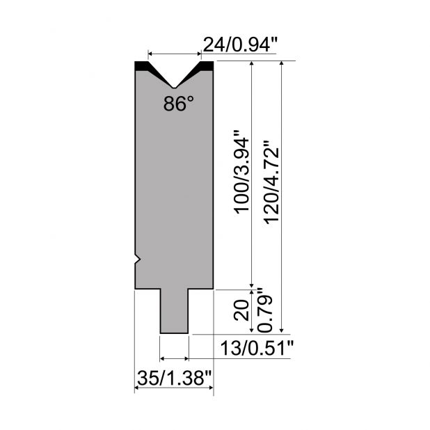 Matrijs R2 type met werkhoogte=100mm, α=86°, Radius=2,5mm, Gereedschapsstaal=42Cr, Max. capaciteit=1200kN/m.