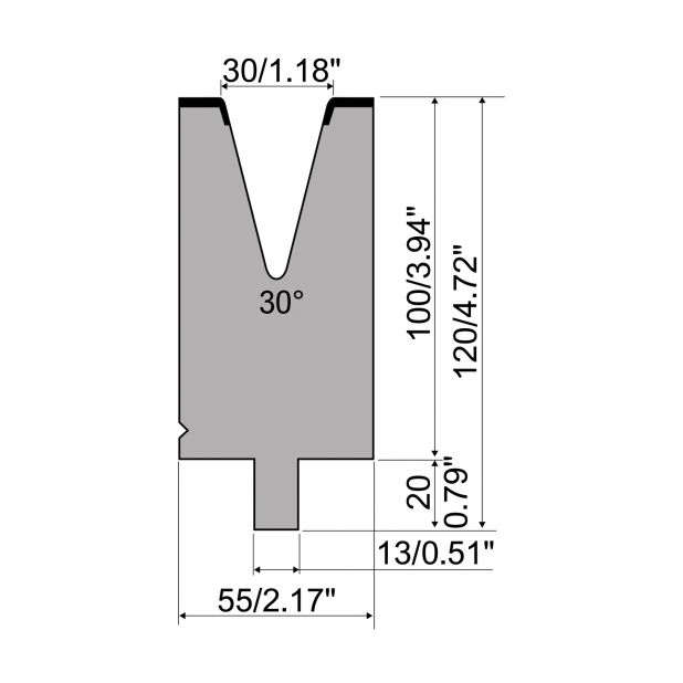 Matrijs R2 type met werkhoogte=100mm, α=30°, Radius=3mm, Gereedschapsstaal=42Cr, Max. capaciteit=900kN/m.