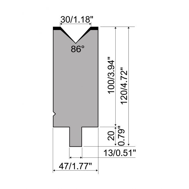 Matrijs R2 type met werkhoogte=100mm, α=86°, Radius=3mm, Gereedschapsstaal=42Cr, Max. capaciteit=1200kN/m.