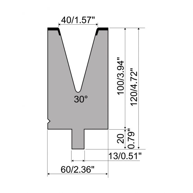 Matrijs R2 type met werkhoogte=100mm, α=30°, Radius=5mm, Gereedschapsstaal=42Cr, Max. capaciteit=900kN/m.