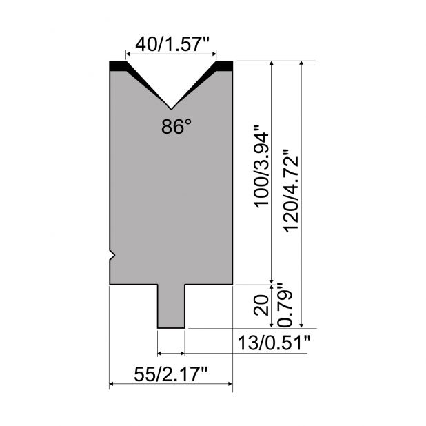 Matrijs R2 type met werkhoogte=100mm, α=86°, Radius=3mm, Gereedschapsstaal=42Cr, Max. capaciteit=1200kN/m.