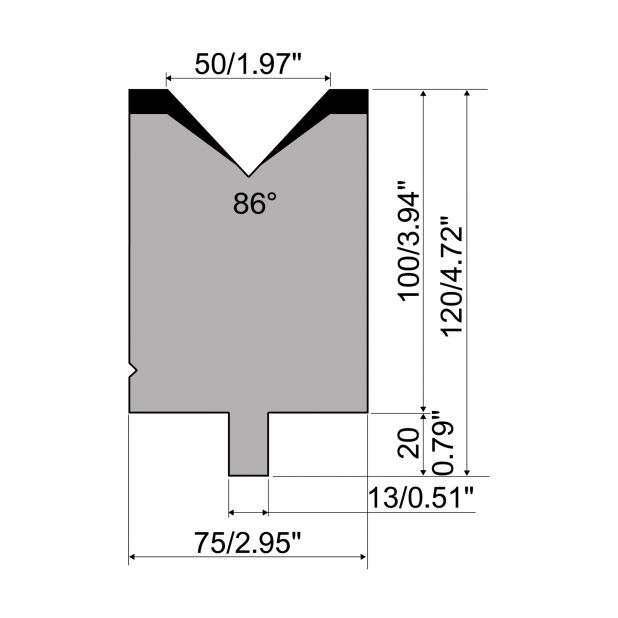 Matrijs R2 type met werkhoogte=100mm, α=86°, Radius=3mm, Gereedschapsstaal=42Cr, Max. capaciteit=1500kN/m.