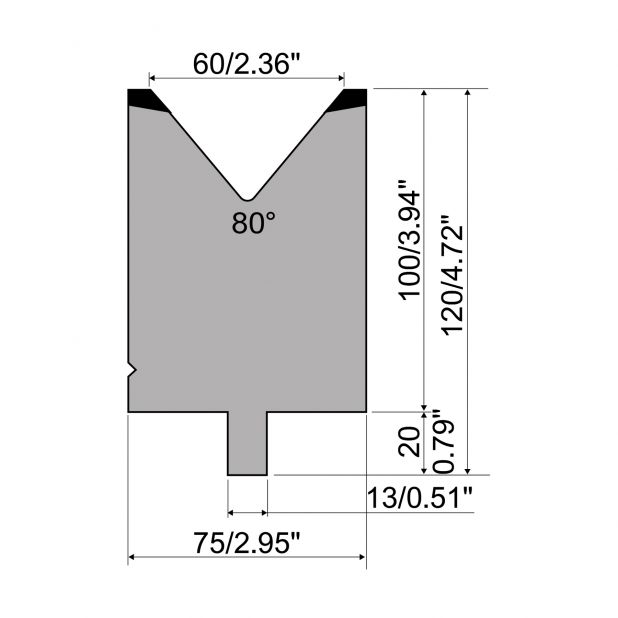 Matrijs R2 type met werkhoogte=100mm, α=80°, Radius=5mm, Gereedschapsstaal=42Cr, Max. capaciteit=1500kN/m.