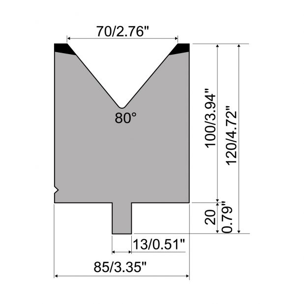 Matrijs R2 type met werkhoogte=100mm, α=80°, Radius=5mm, Gereedschapsstaal=42Cr, Max. capaciteit=1500kN/m.