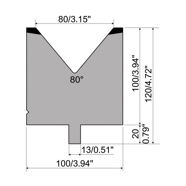 Matrijs R2 type met werkhoogte=100mm, α=80°, Radius=5mm, Gereedschapsstaal=42Cr, Max. capaciteit=1500kN/m.