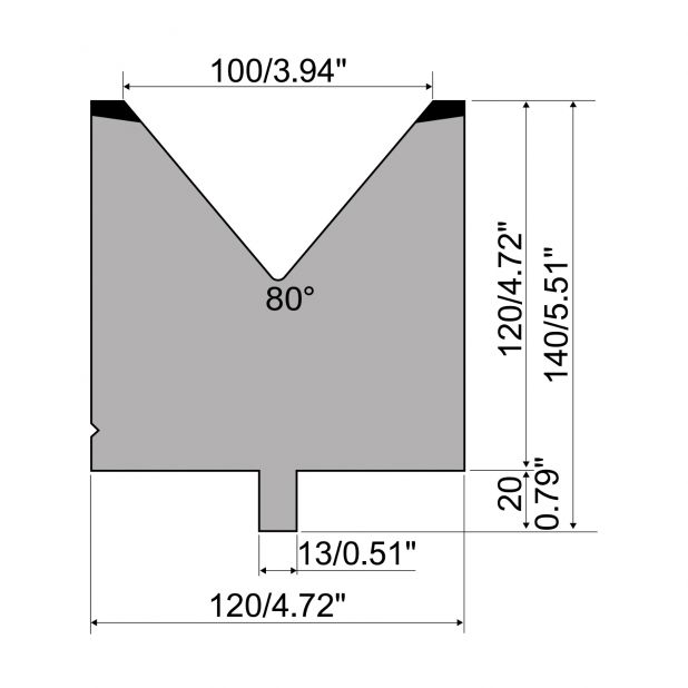 Matrijs R2 type met werkhoogte=120mm, α=80°, Radius=8mm, Gereedschapsstaal=42Cr, Max. capaciteit=1500kN/m.