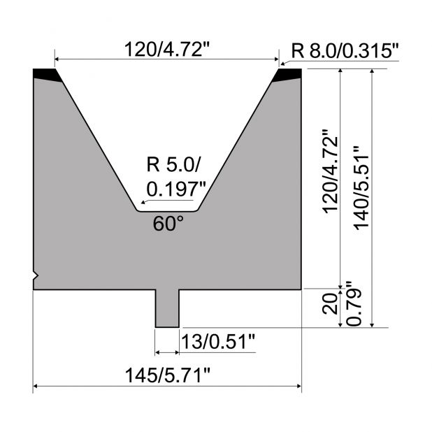 Matrijs R2 type met werkhoogte=120mm, α=60°, Radius=8mm, Gereedschapsstaal=42Cr, Max. capaciteit=1600kN/m.