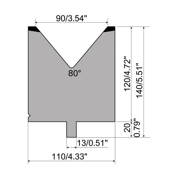 Matrijs R2 type met werkhoogte=120mm, α=80°, Radius=8mm, Gereedschapsstaal=42Cr, Max. capaciteit=1500kN/m.