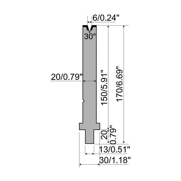 Matrijs R2 type met werkhoogte=150mm, α=30°, Radius=0,6mm, Gereedschapsstaal=42Cr, Max. capaciteit=400kN/m.