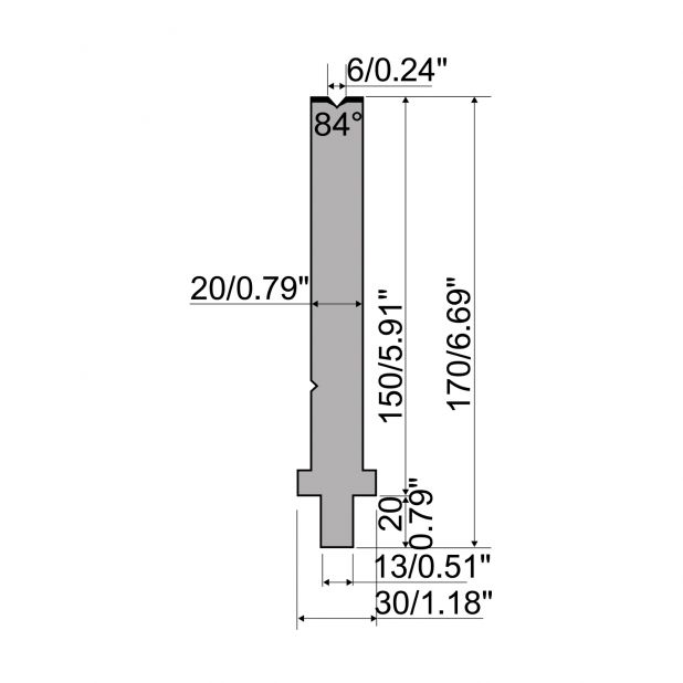 Matrijs R2 type met werkhoogte=150mm, α=84°, Radius=0,6mm, Gereedschapsstaal=42Cr, Max. capaciteit=400kN/m.