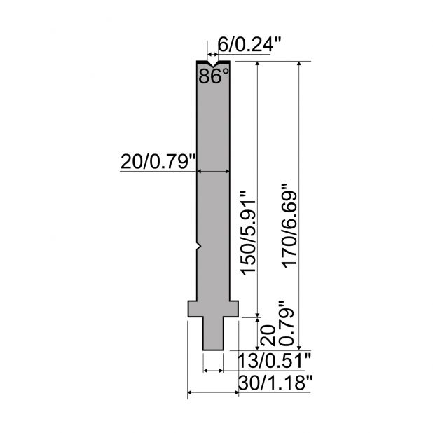 Matrijs R2 type met werkhoogte=150mm, α=86°, Radius=0,6mm, Gereedschapsstaal=42Cr, Max. capaciteit=400kN/m.