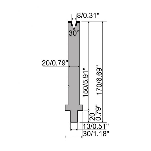 Matrijs R2 type met werkhoogte=150mm, α=30°, Radius=1mm, Gereedschapsstaal=42Cr, Max. capaciteit=400kN/m.