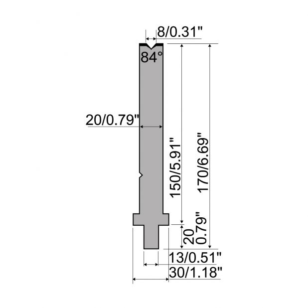 Matrijs R2 type met werkhoogte=150mm, α=84°, Radius=0,8mm, Gereedschapsstaal=42Cr, Max. capaciteit=400kN/m.