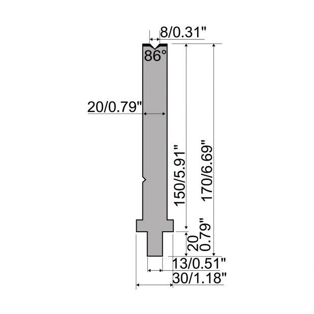 Matrijs R2 type met werkhoogte=150mm, α=86°, Radius=0,8mm, Gereedschapsstaal=42Cr, Max. capaciteit=400kN/m.