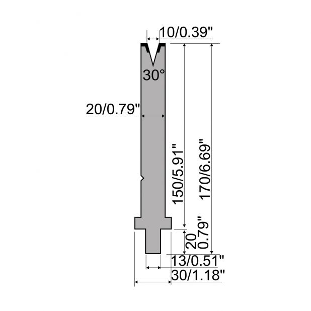 Matrijs R2 type met werkhoogte=150mm, α=30°, Radius=1mm, Gereedschapsstaal=42Cr, Max. capaciteit=400kN/m.