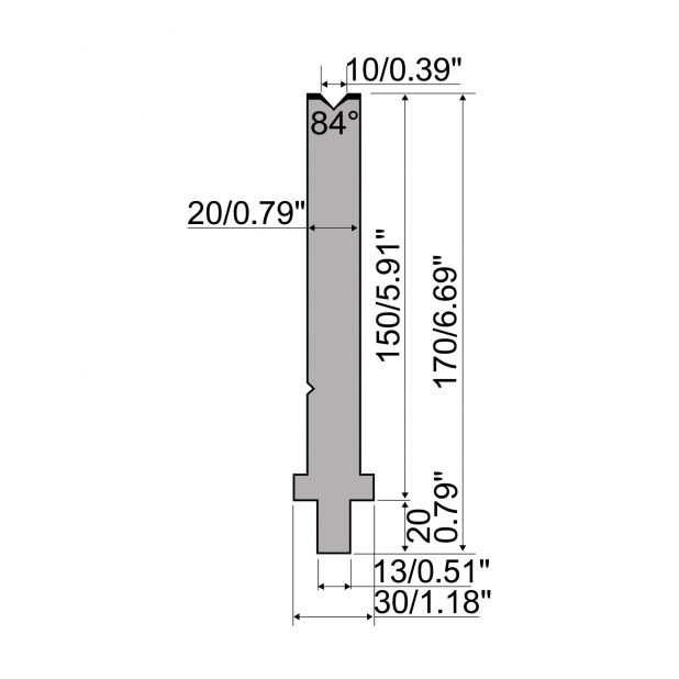 Matrijs R2 type met werkhoogte=150mm, α=84°, Radius=1mm, Gereedschapsstaal=42Cr, Max. capaciteit=500kN/m.