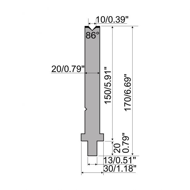 Matrijs R2 type met werkhoogte=150mm, α=86°, Radius=1mm, Gereedschapsstaal=42Cr, Max. capaciteit=500kN/m.