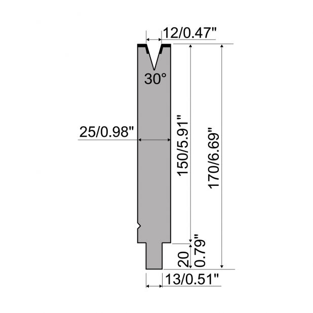 Matrijs R2 type met werkhoogte=150mm, α=30°, Radius=1mm, Gereedschapsstaal=42Cr, Max. capaciteit=400kN/m.