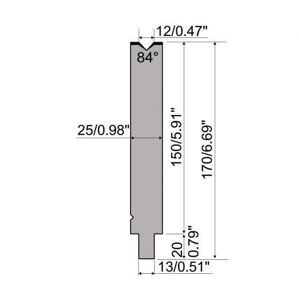 Matrijs R2 type met werkhoogte=150mm, α=84°, Radius=1mm, Gereedschapsstaal=42Cr, Max. capaciteit=500kN/m.