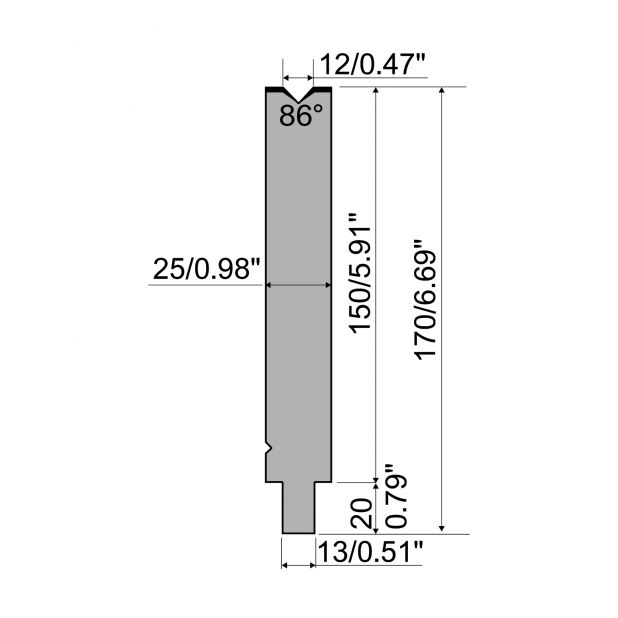 Matrijs R2 type met werkhoogte=150mm, α=86°, Radius=1mm, Gereedschapsstaal=42Cr, Max. capaciteit=500kN/m.