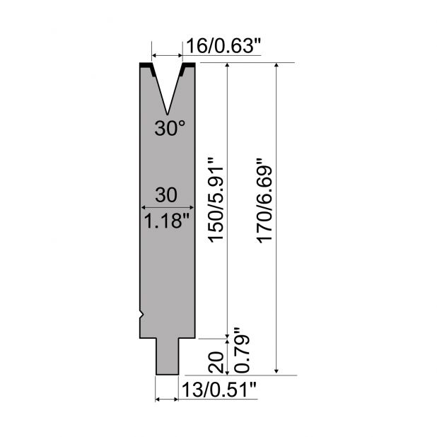 Matrijs R2 type met werkhoogte=150mm, α=30°, Radius=1,6mm, Gereedschapsstaal=42Cr, Max. capaciteit=500kN/m.