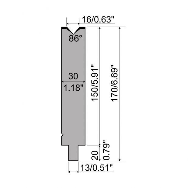 Matrijs R2 type met werkhoogte=150mm, α=86°, Radius=1,6mm, Gereedschapsstaal=42Cr, Max. capaciteit=700kN/m.