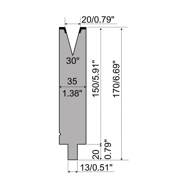 Matrijs R2 type met werkhoogte=150mm, α=30°, Radius=2mm, Gereedschapsstaal=42Cr, Max. capaciteit=600kN/m.