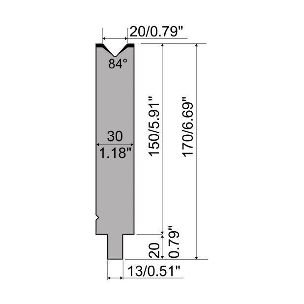 Matrijs R2 type met werkhoogte=150mm, α=84°, Radius=2mm, Gereedschapsstaal=42Cr, Max. capaciteit=700kN/m.