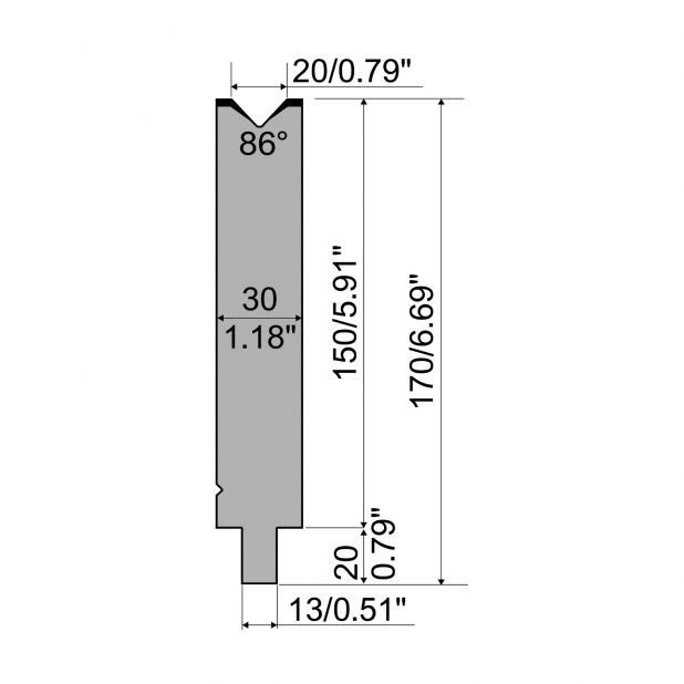 Matrijs R2 type met werkhoogte=150mm, α=86°, Radius=2mm, Gereedschapsstaal=42Cr, Max. capaciteit=700kN/m.