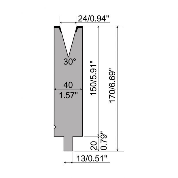 Matrijs R2 type met werkhoogte=150mm, α=30°, Radius=2,5mm, Gereedschapsstaal=42Cr, Max. capaciteit=650kN/m.