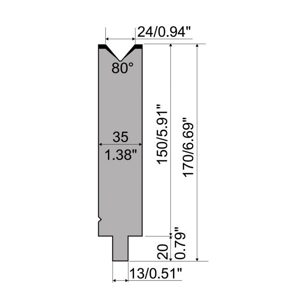 Matrijs R2 type met werkhoogte=150mm, α=80°, Radius=2,5mm, Gereedschapsstaal=42Cr, Max. capaciteit=700kN/m.